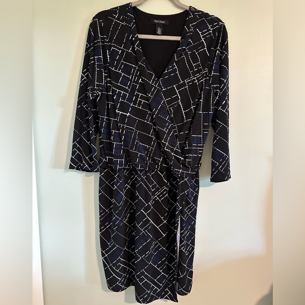 WHBM White House Black Market Wrap Dress Gemetric Pattern Long Sleeve Black XL